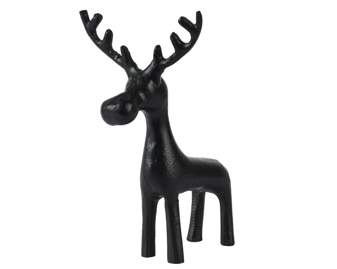 Aluminium rendierfiguur met zwarte afwerking en gewei, staand met poten gespreid.