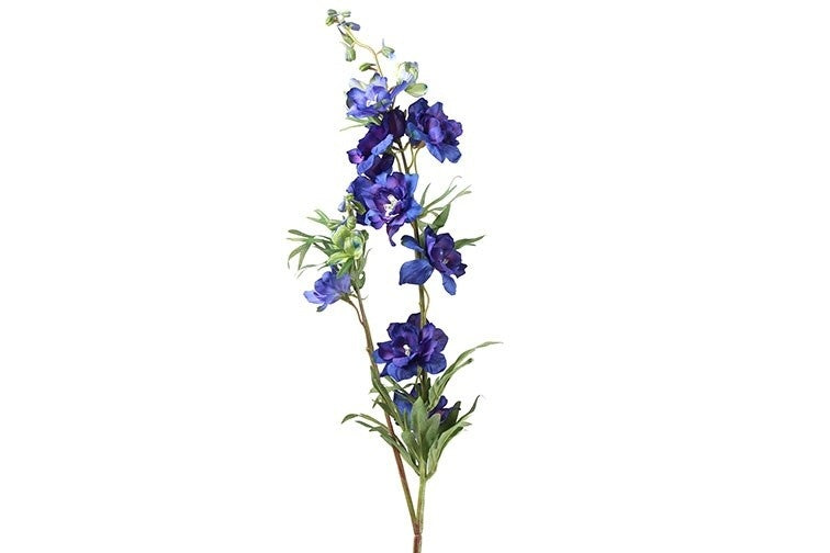 Blauw delphinium boeket met paarse bloemen aan één steel en groene bladeren.