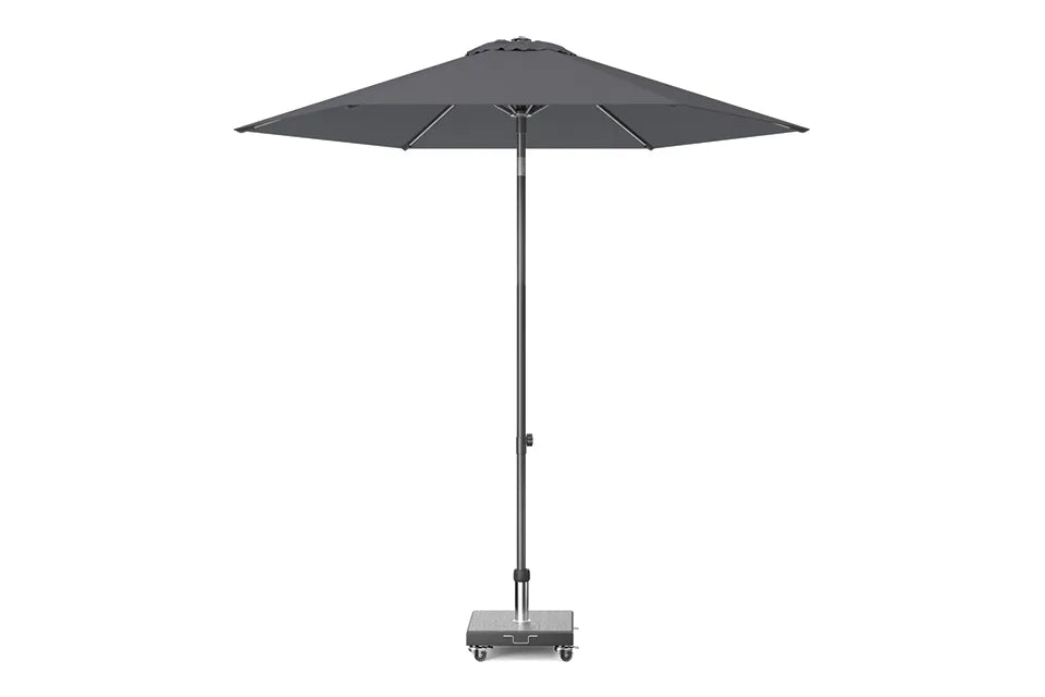 Antraciet parasol met ronde doek en centrale paal, inklapbaar frame