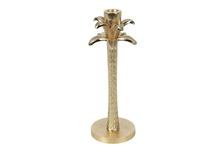 Gouden kandelaar met decoratieve steel en gegraveerde top, op ronde voet