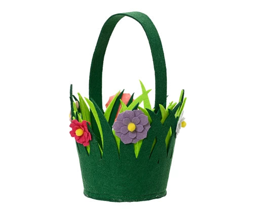 Groene vilten mand met hengsel en bloemenapplicaties