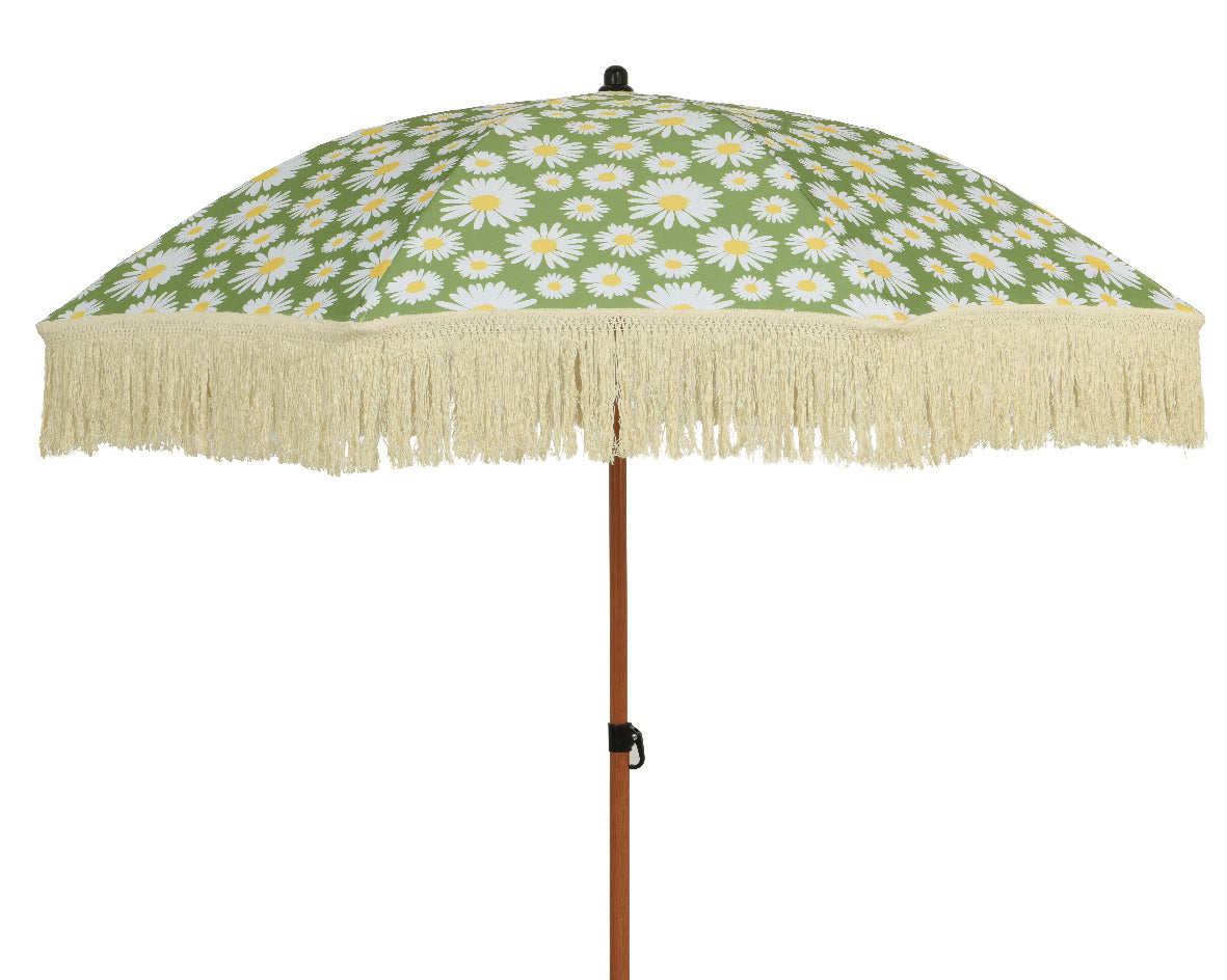 Groene buitenparasol met witte madeliefjes en beige franjerand