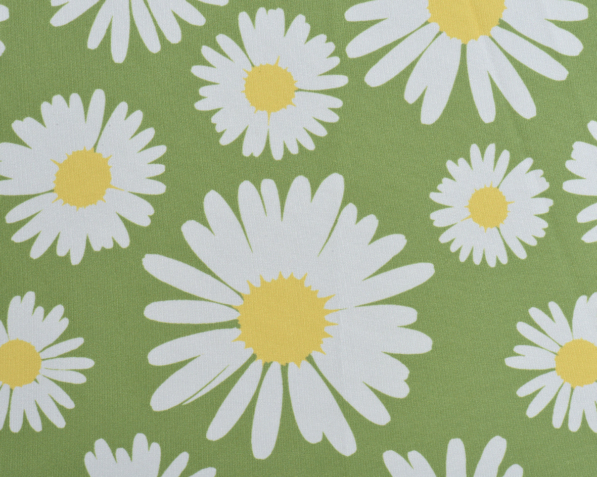 Groene parasolhoes met witte madeliefjes en gele accenten, close-up