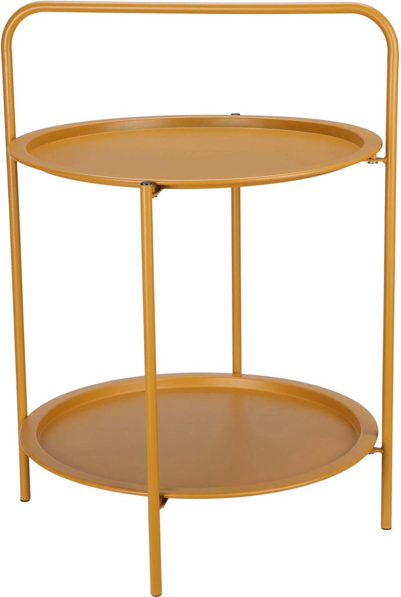 Mosterdgele bijzettafel met ronde boven- en onderblad, metalen frame en poten.