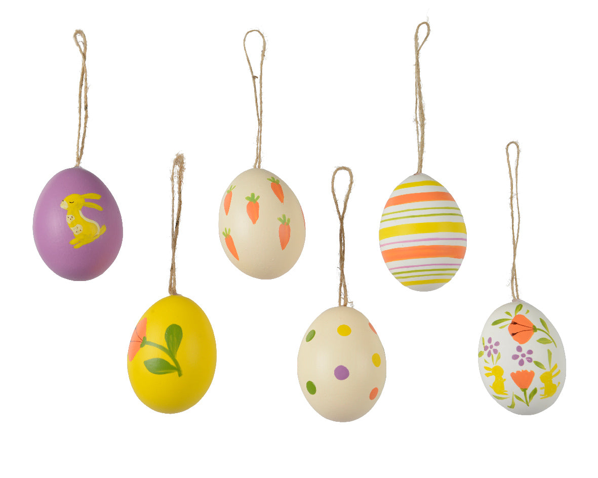 Set decoratieve kippeneieren met hanglusjes, in paars, geel, wit en gestreept