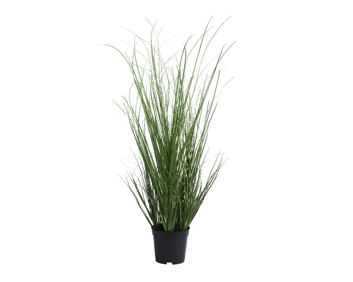 Kunstplant met groene grasachtige bladeren in zwarte pvc pot