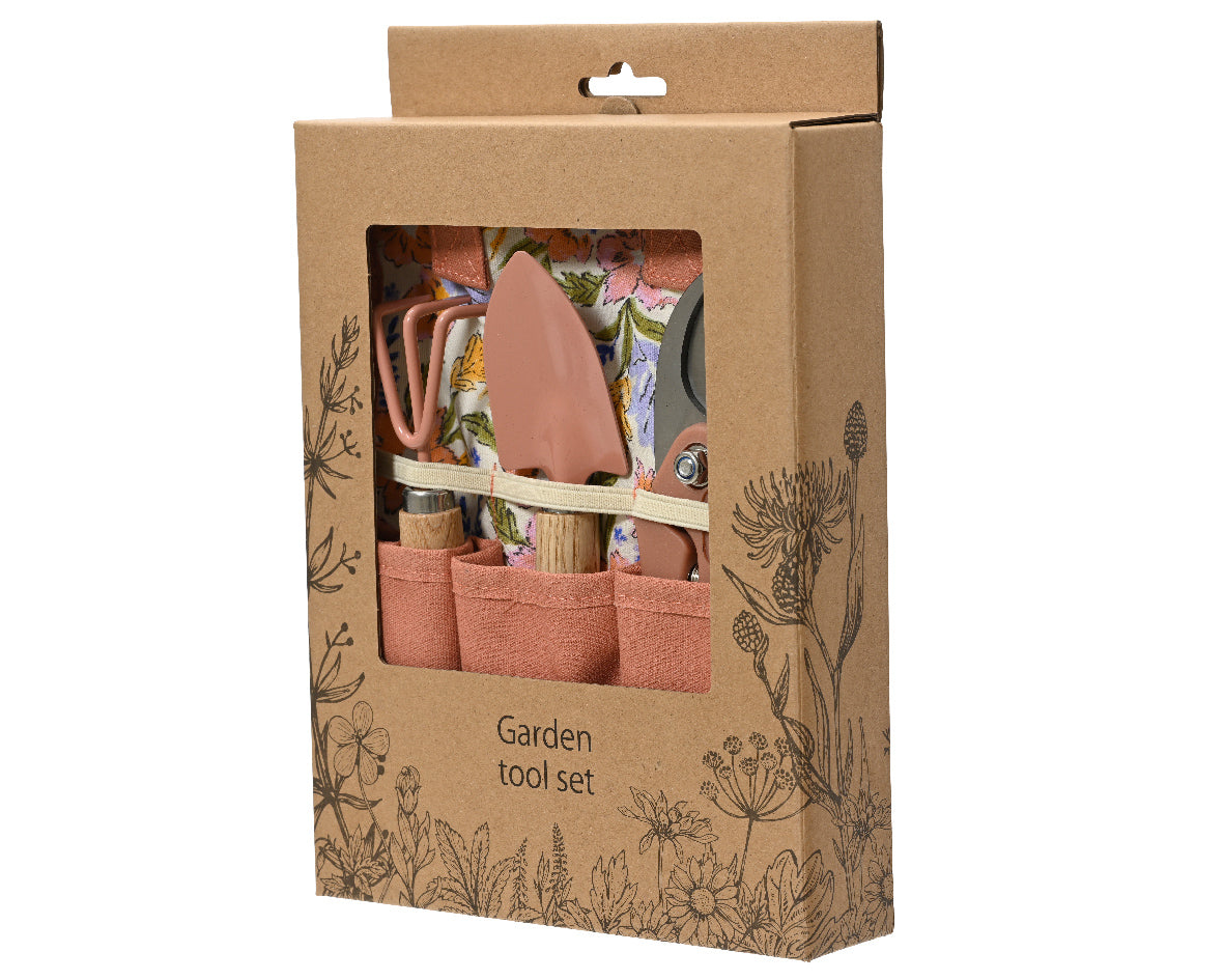 Tuingereedschapsset in bruine kartonnen cadeauverpakking