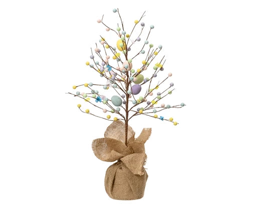 Schuimboom decoratief met gekleurde bloemetjes en bruin stoffen voetje