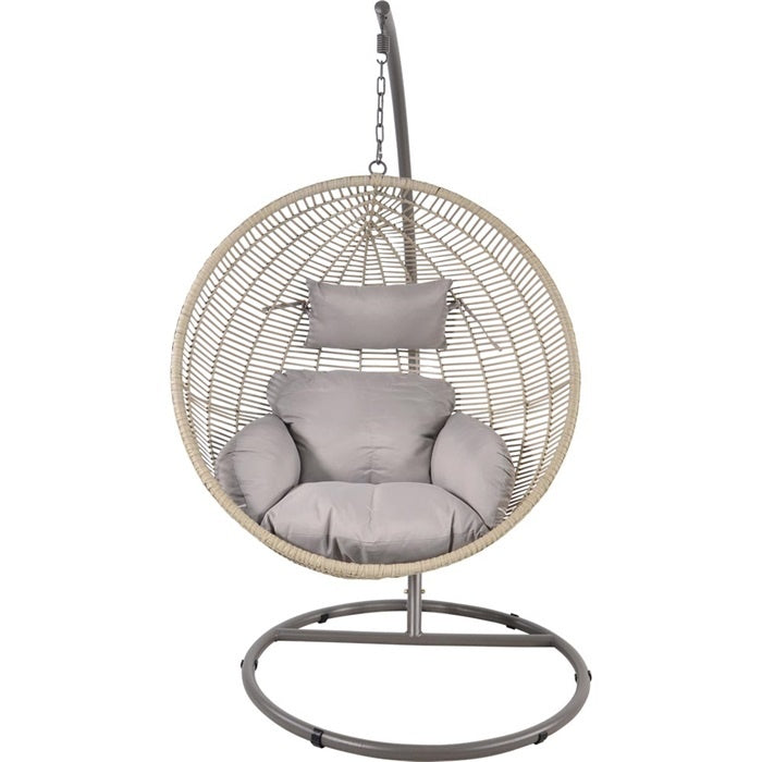Hangstoel Circle met grijze kussens en ronde, geweven hangmand