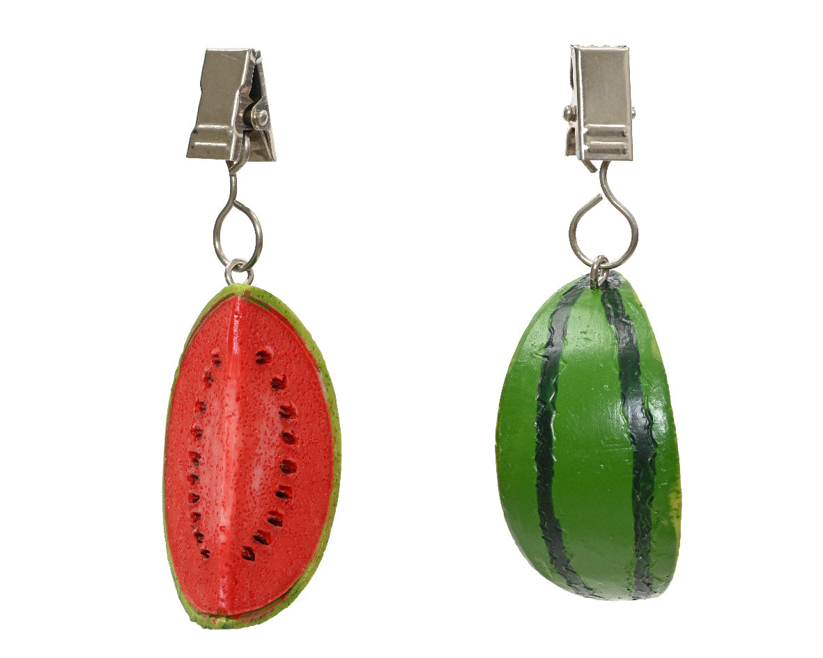 Polyresin tafelkleedgewicht watermeloen, metalen klem met ring, rood en groen