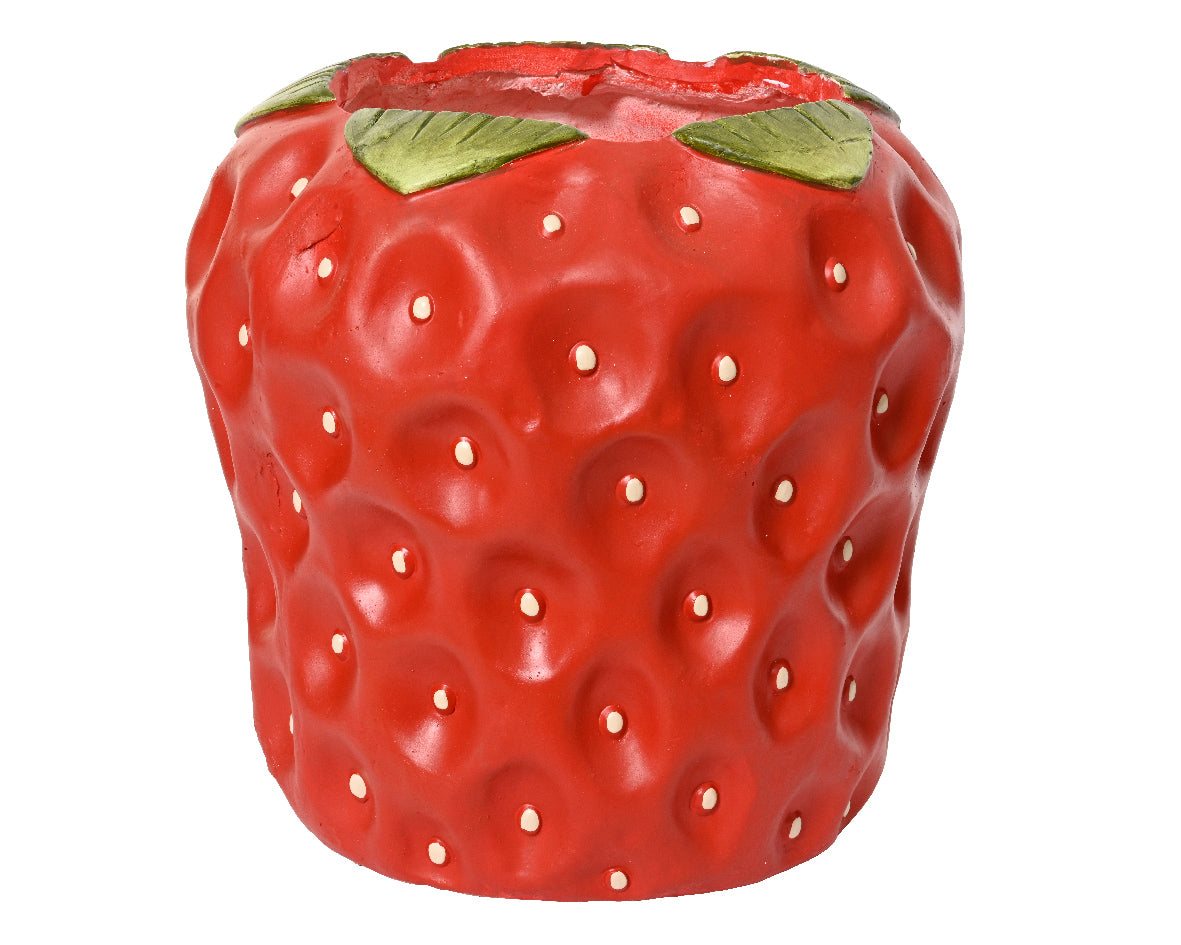 Aardbeienvormige plantenbak van rood kunststof met groene kroontjes