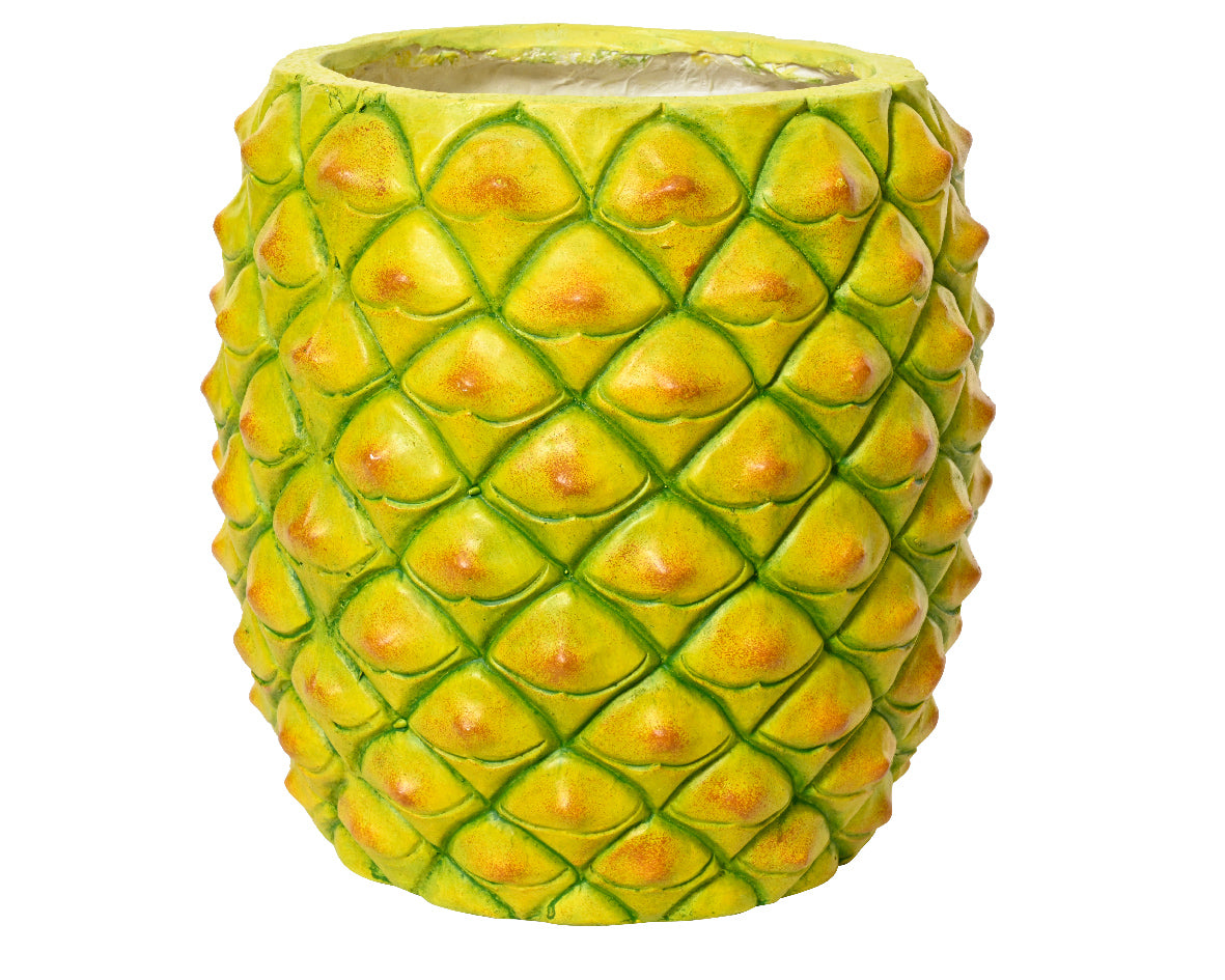 Ronde groene bloempot met ruitvormige textuur en geelgroene bultjes.