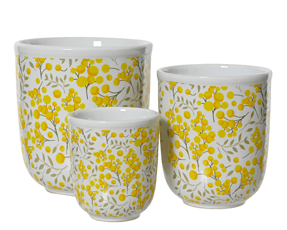 Porseleinen bloempotten met gele bloemenpatroon (set van 3)
