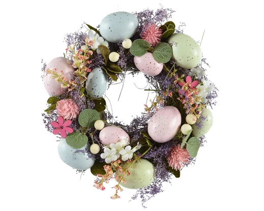 Schuimkrans met pastel eieren, bloemen en groen, rond model