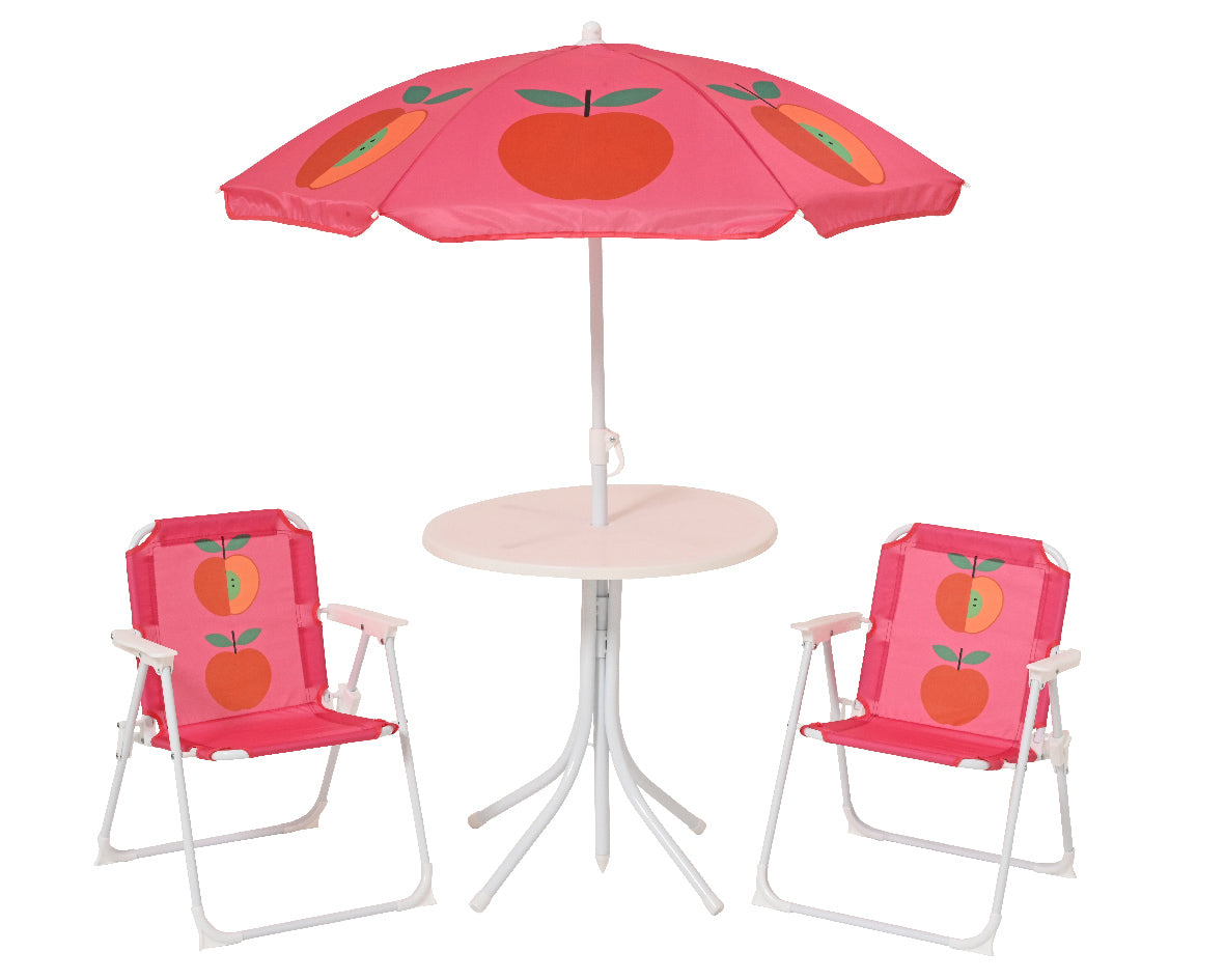 Roze kinder tuinset met appelparasol, rond tafelblad en twee opvouwbare stoelen