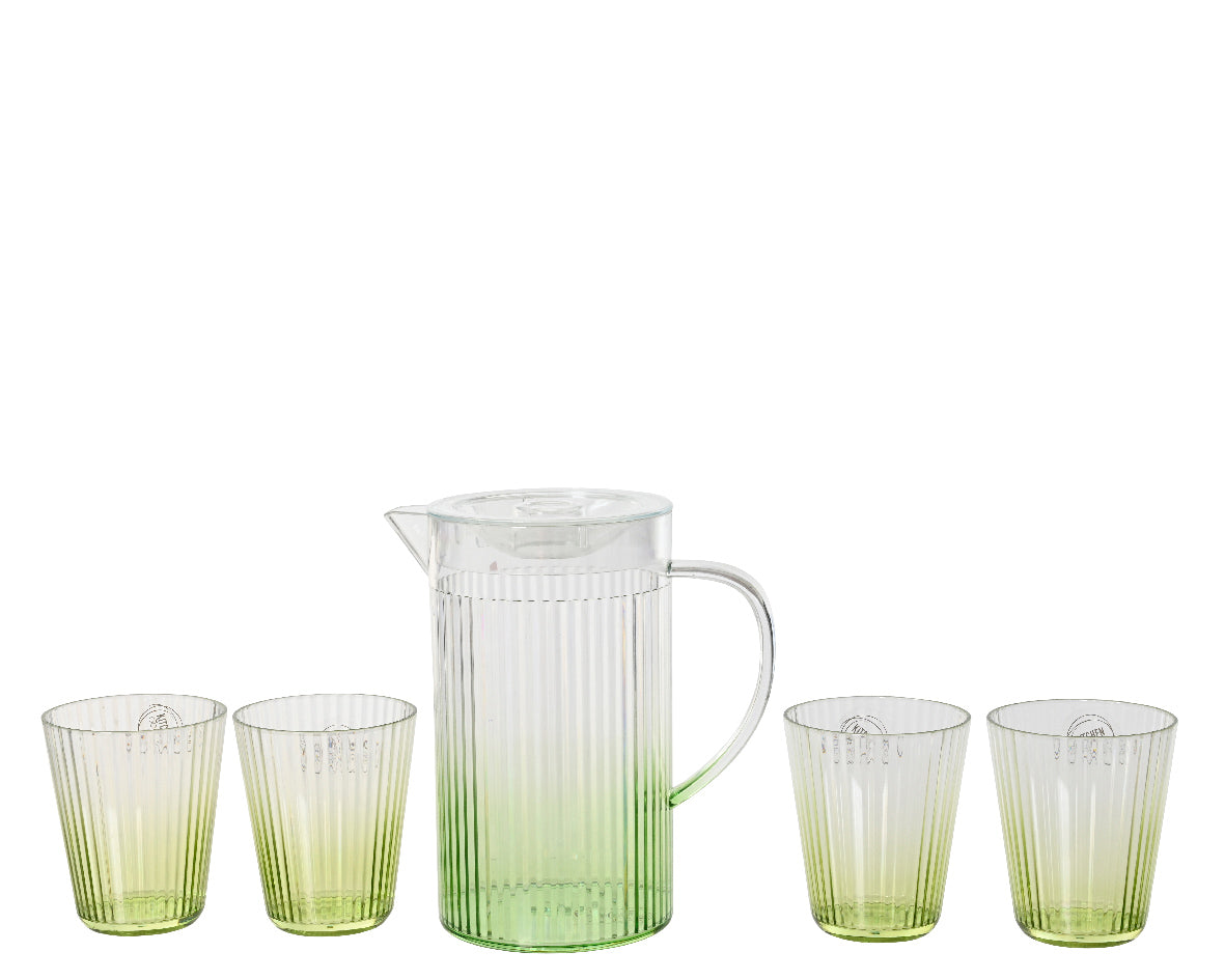Plastic kruik met handvat en schenktuit, groen transparant, met 4 bekers
