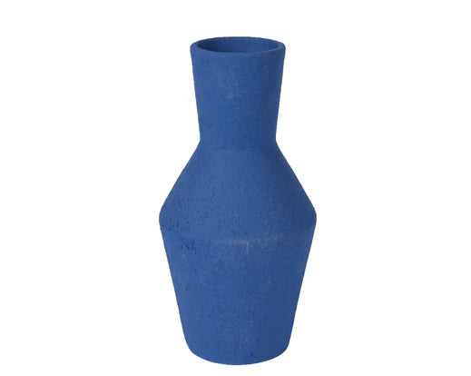 Blauwe vaas met smalle hals en bultige buik