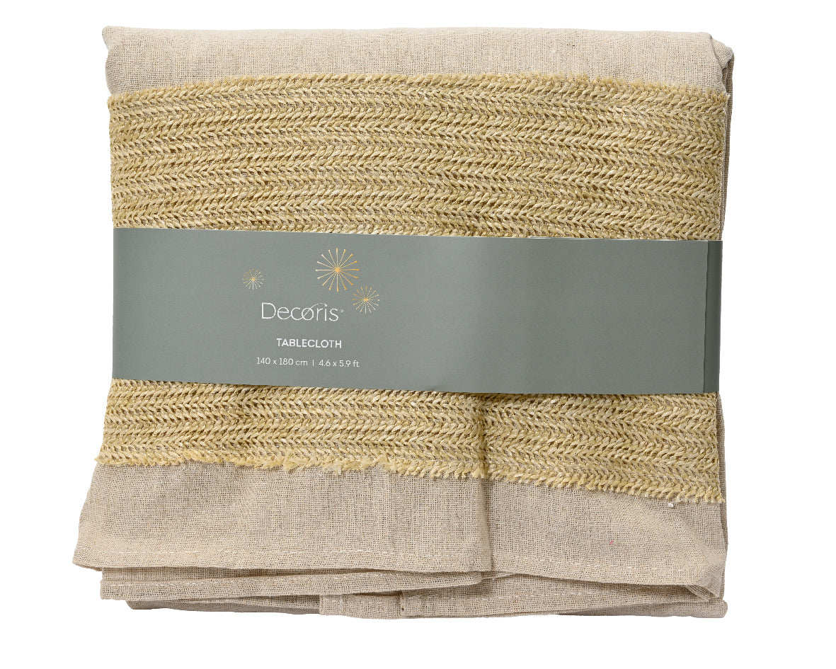 Beige polyester tafelkleed met gevlochten band en rafelige, rechte randen