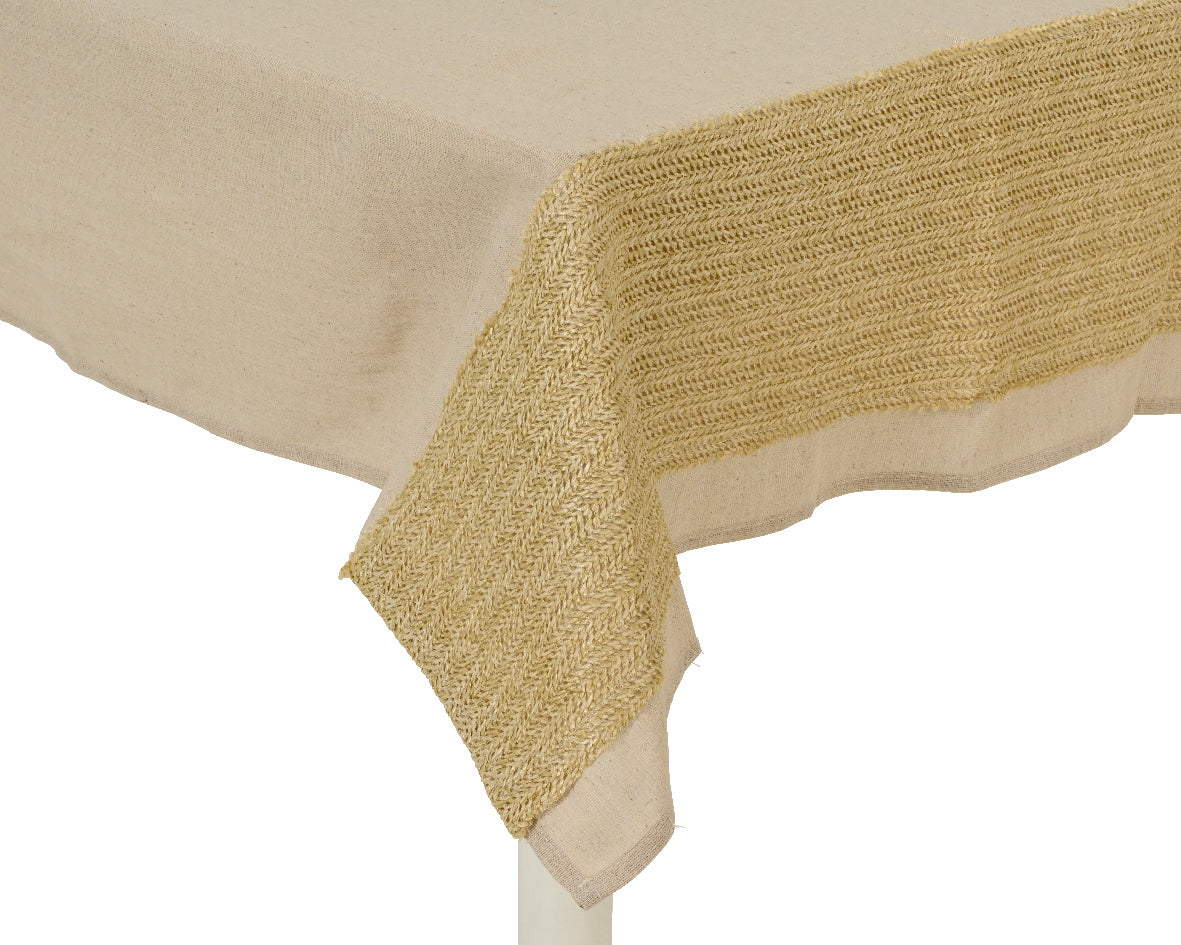 Beige polyester tafelkleed met geweven textuur en rafelige hoek