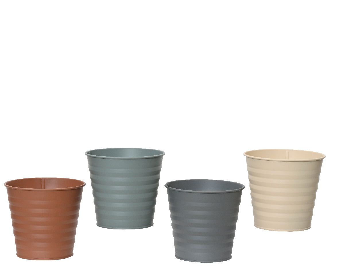 Assortiment zinken plantenbakken: bruin, grijsgroen, donkergrijs en lichtbeige
