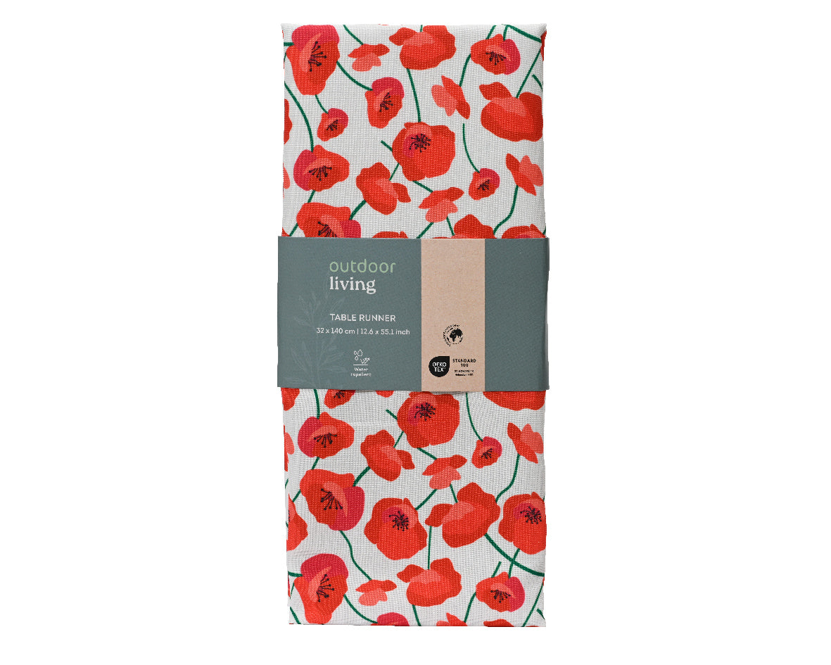 Buiten tafelloper van polyester met rode bloemen op witte ondergrond