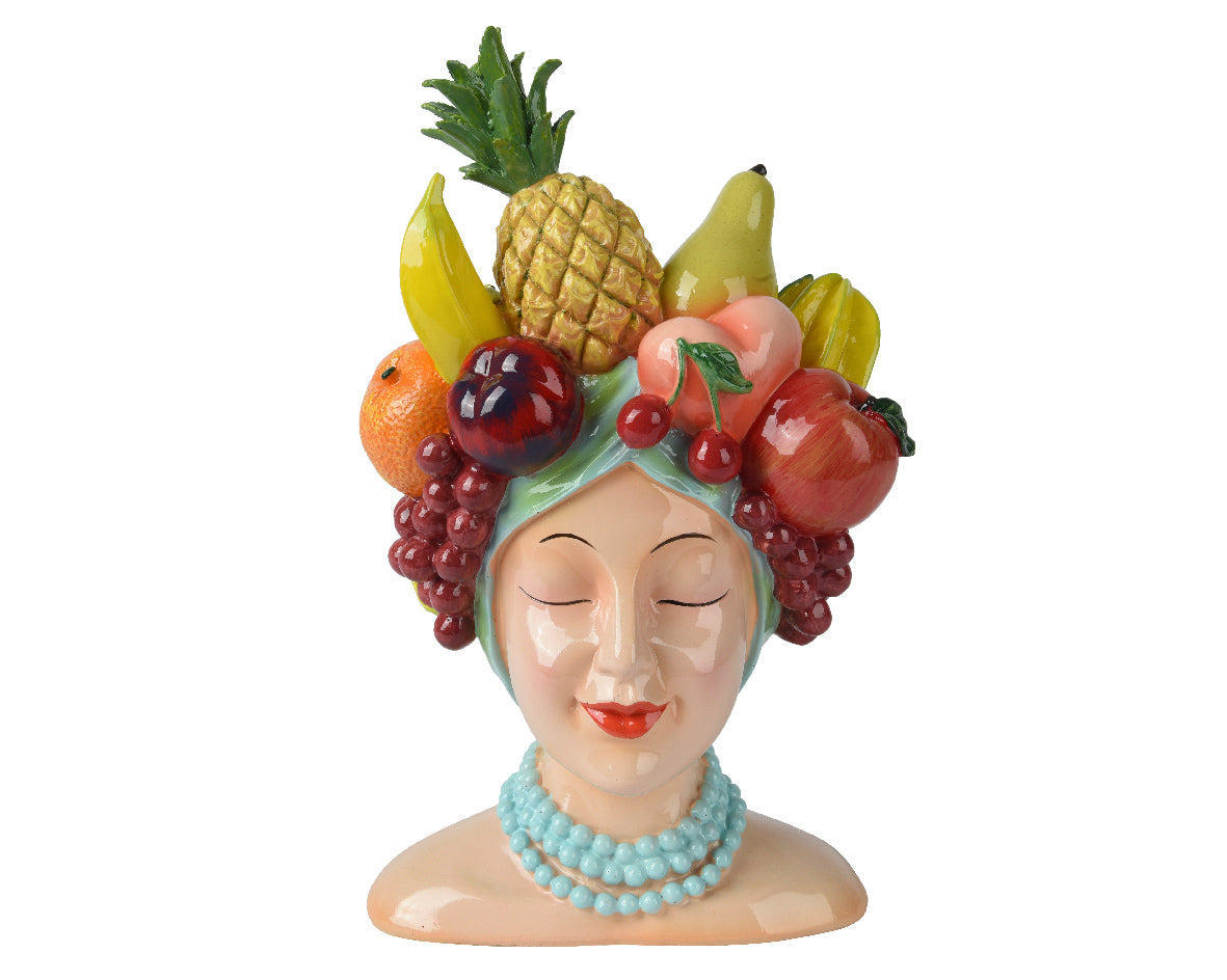 Polyresin bloempot: vrouwelijk figuur met fruitkrans, blauwe kraag