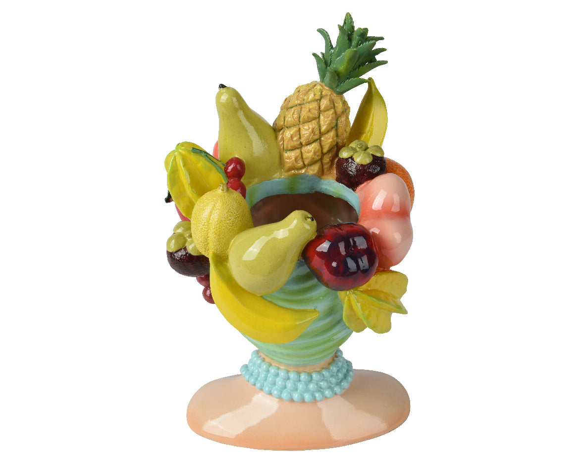 Polyresin bloempotfiguur met zijdelingse fruitkrans en blauwe kralen