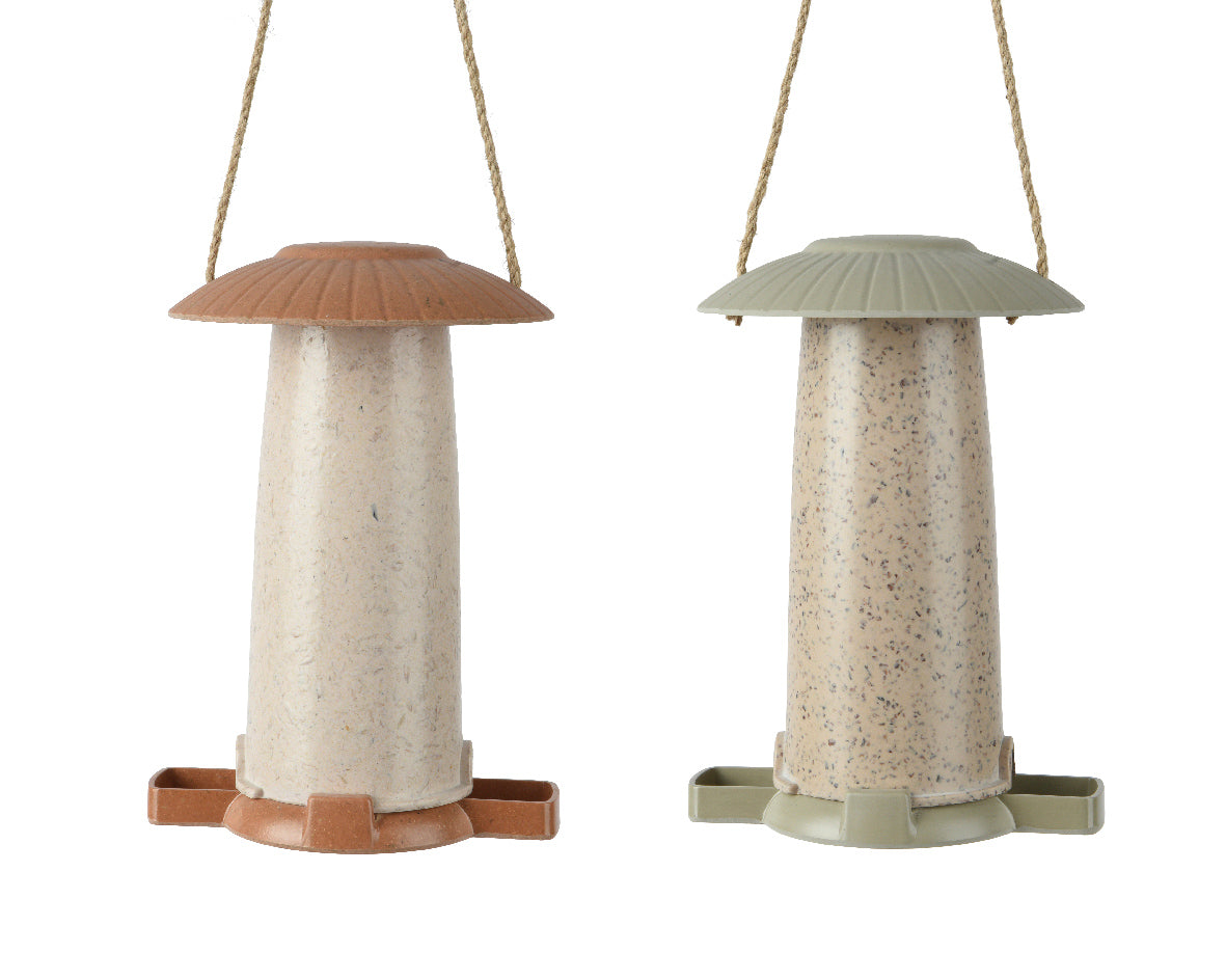 Bamboevezel vogelvoeder, hangmodel met wit huis en bruin of groen dakje, voederplateau