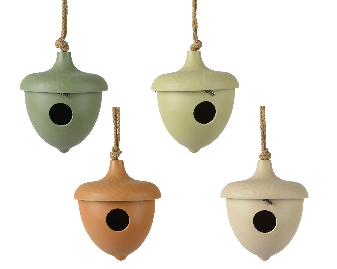 Vogelhuisjes van bamboevezel, 4 stuks met hangkoord; groen, beige en oranje