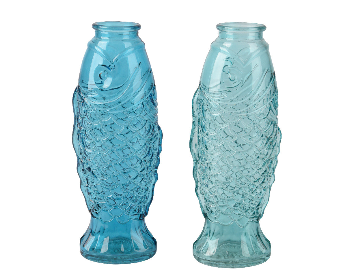 Blauwe glazen vaas met visnet- en ribbelpatroon, smalle hals