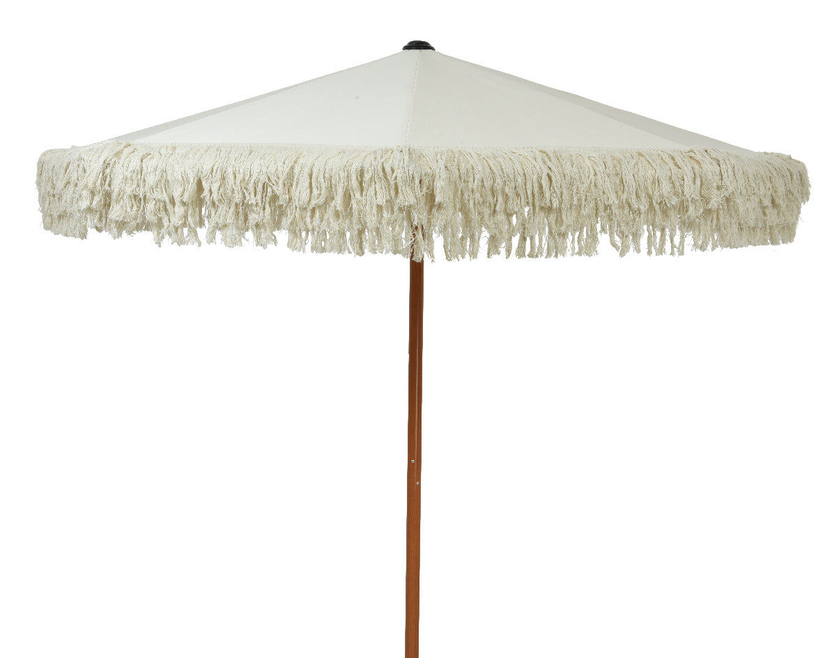 Buitenparasol met polyester doek en franjerand, crème kleur, houten mast