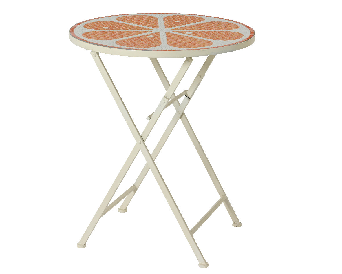 Ronde buitenijzeren tafel met oranje bloemmozaïek en wit kruisend onderstel