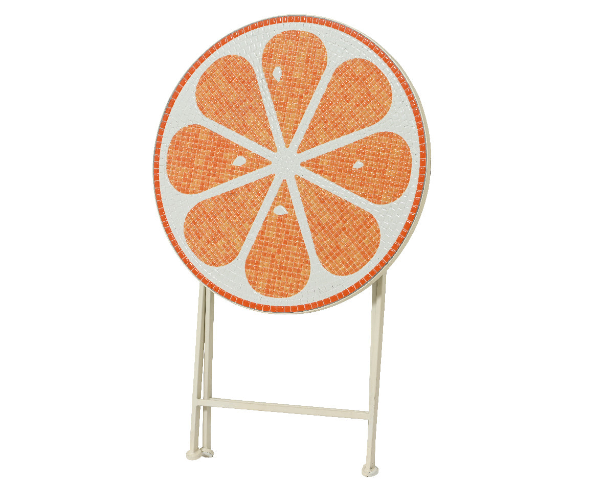 Ronde buitenijzeren tafel met oranje bloemvormig mozaïek en wit frame