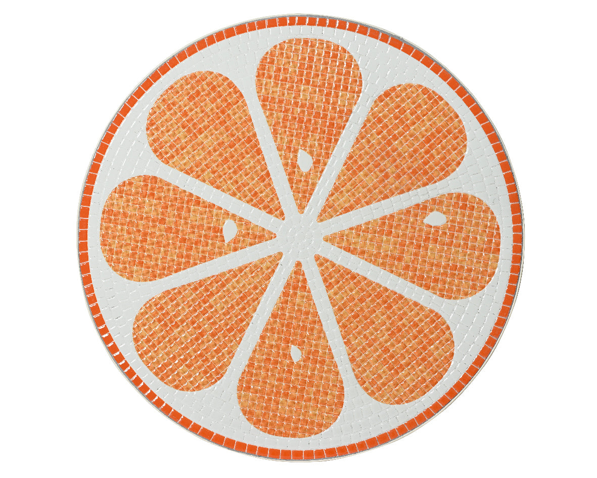 Rond tafelblad met oranje bloemmozaïek en witte siersteekrand