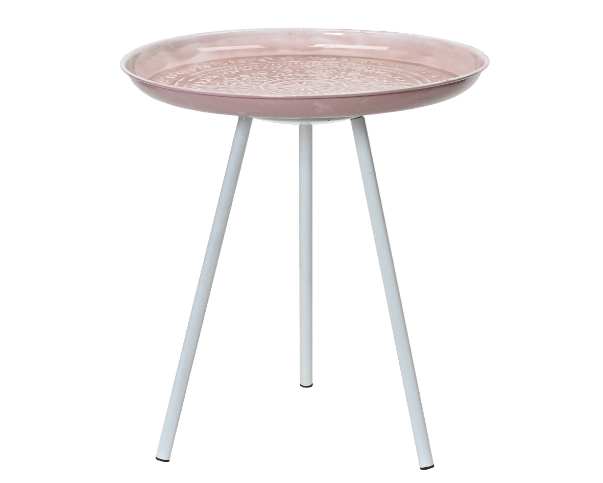 Ronde ijzeren sidetable voor binnen met lichtroze gedecoreerd blad en drie poten