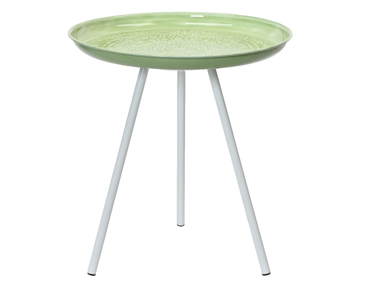 Groene ronde sidetable van ijzer met glazen blad en drie poten