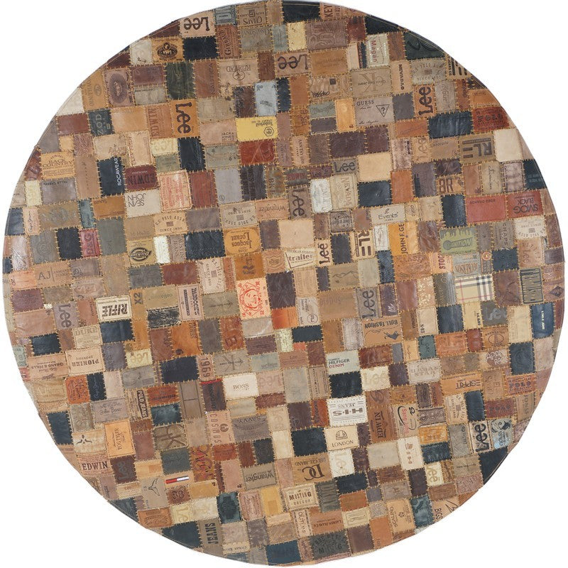 Ronde patchwork karpet met beige, blauw en bruine blokken