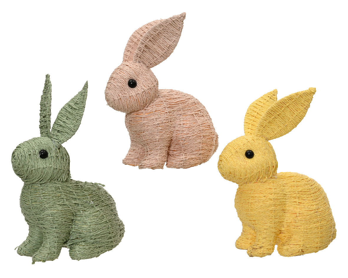 Assortiment konijnen van papiertouw: groen, beige en geel, zittende decoratie.