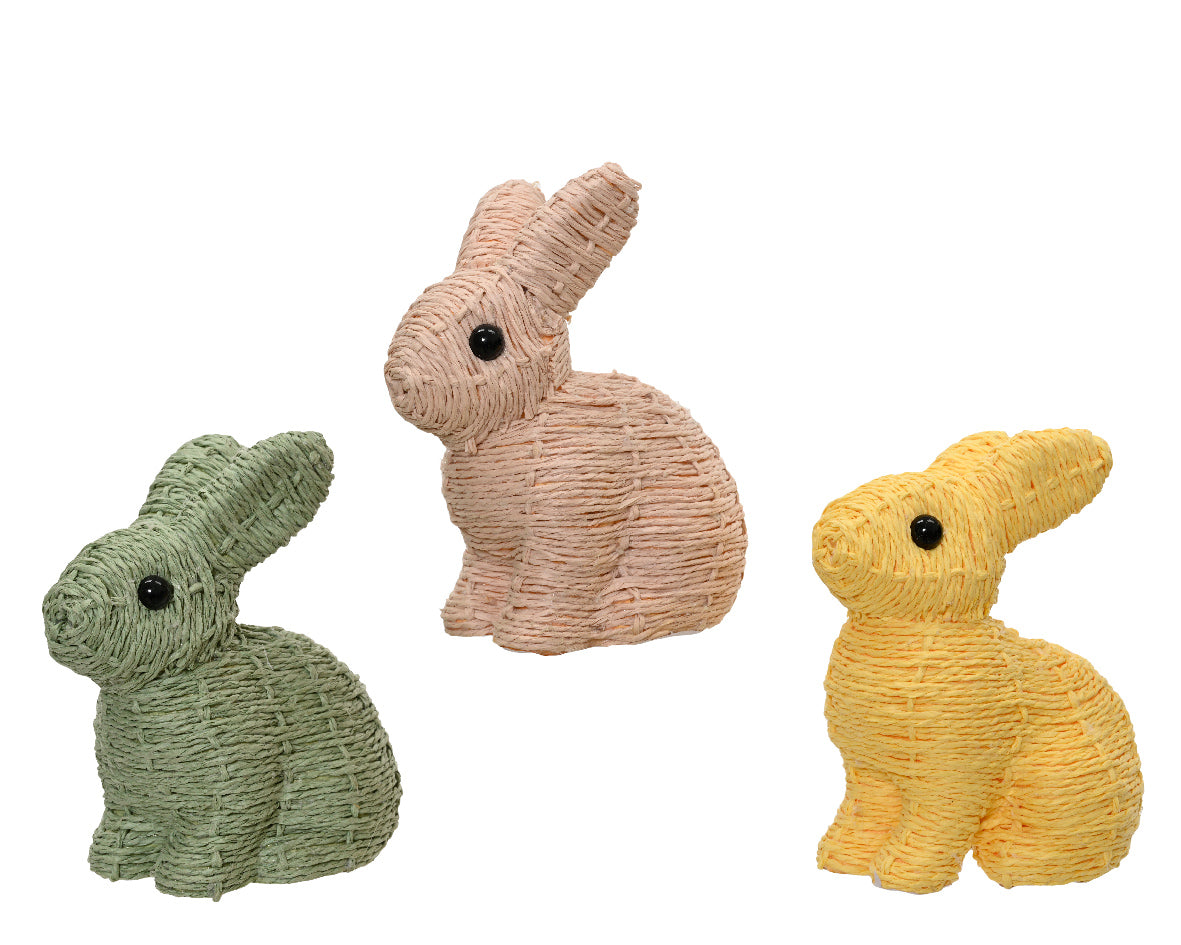 Assorti konijnen van papiertouw: groen, beige en geel, met zwarte oogjes