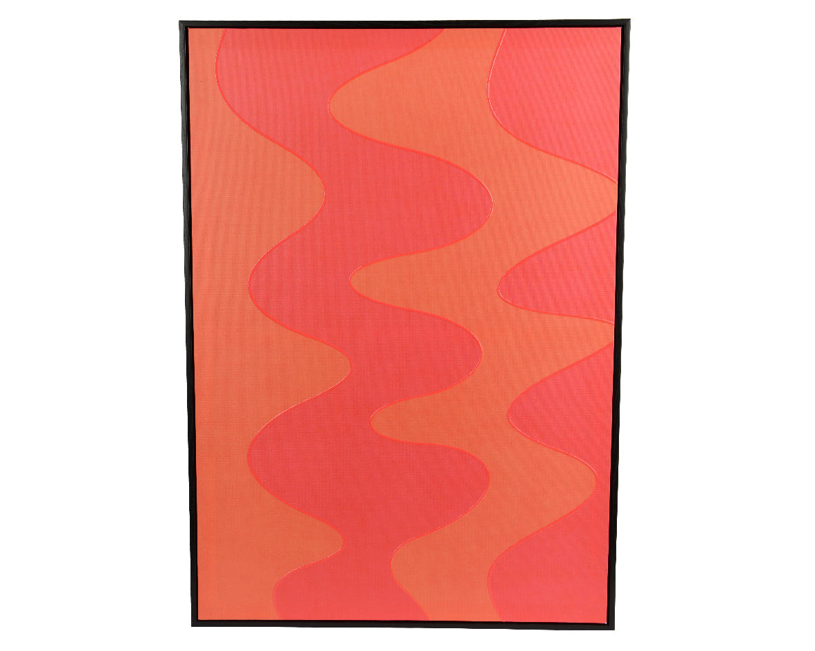 Rechthoekig canvas schilderij met rood-oranje abstract golvend patroon en zwart frame
