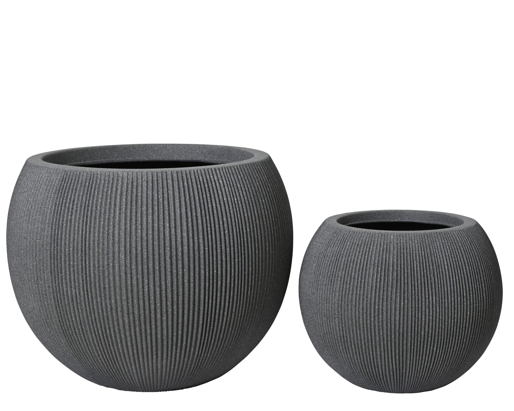 Set van 2 grijze kunststof bloempotten met verticale ribbels, ronde vorm