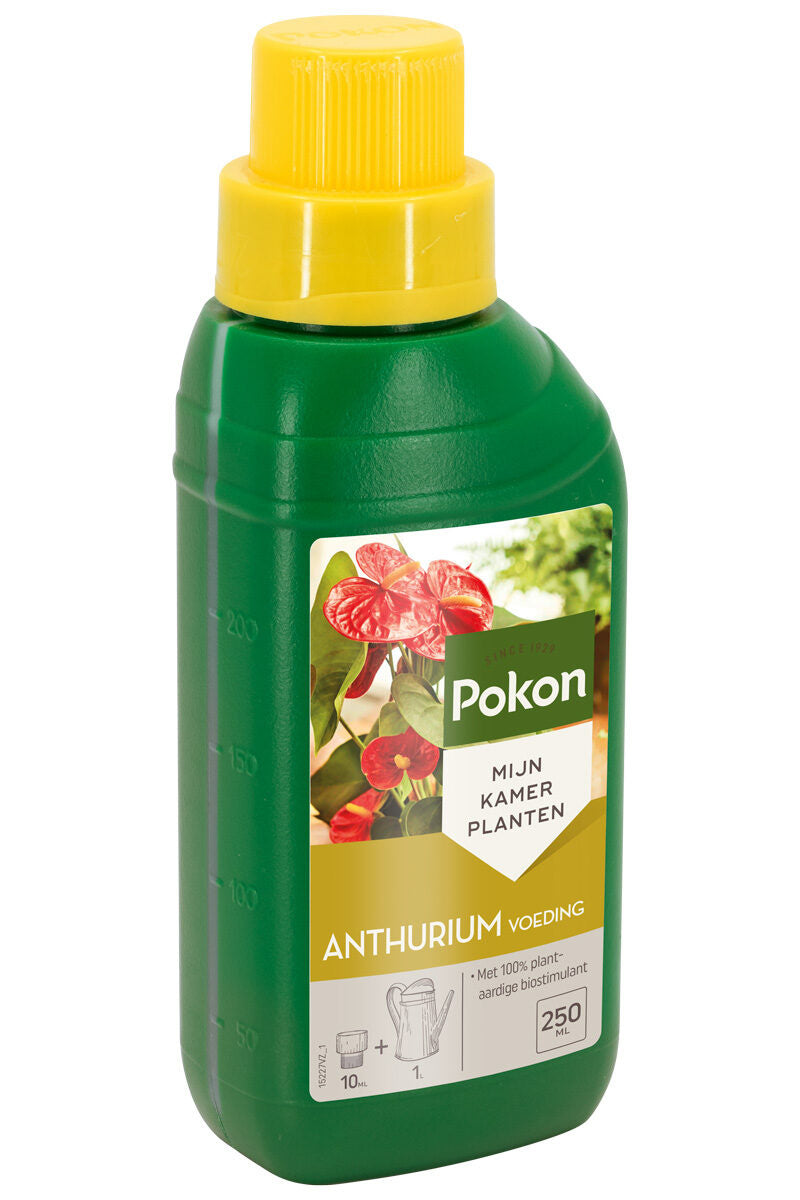 Groene Pokon anthuriumvoeding 250 ml fles met gele schroefdop.