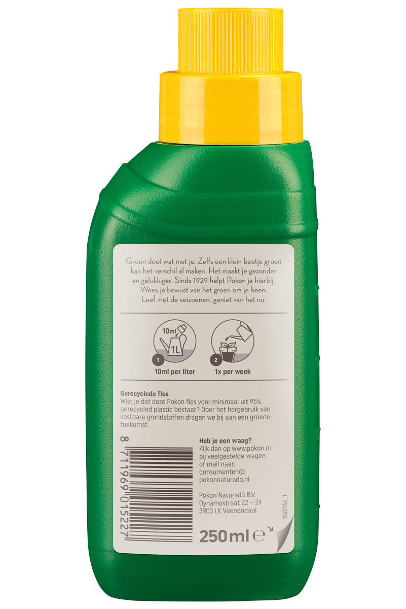 Groene Pokon anthuriumvoeding 250 ml fles met etiket op de achterzijde.