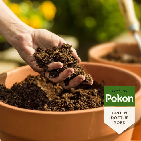 Handen scheppen donkere aarde/korrels uit pot; groen Pokon-label zichtbaar