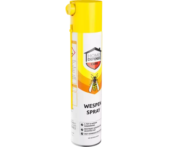 Wespensprayfles met gele dop, etiket met HOME DEFENSE® en wespensymbool.