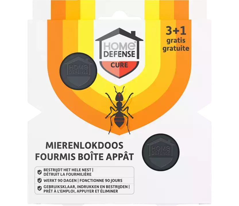 Mierenlokdoos met '3+1 gratis' en zwarte lokvellen, kartonnen verpakking