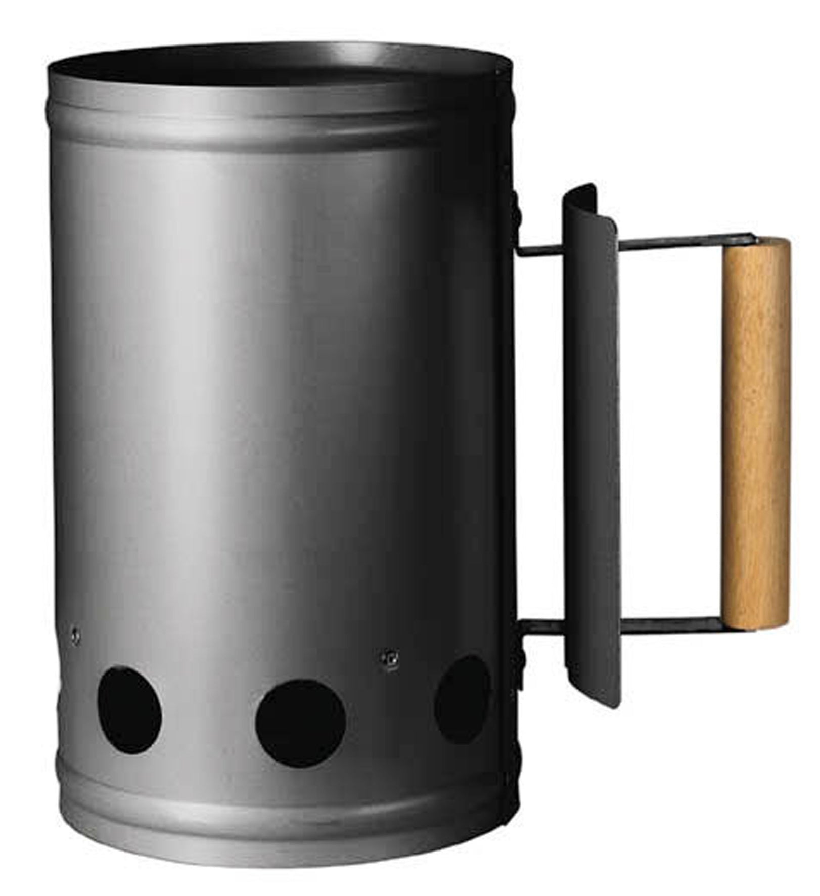 Houtskoolstarter van metaal, cilindervormige starter met handgreep en ventilatiegaten