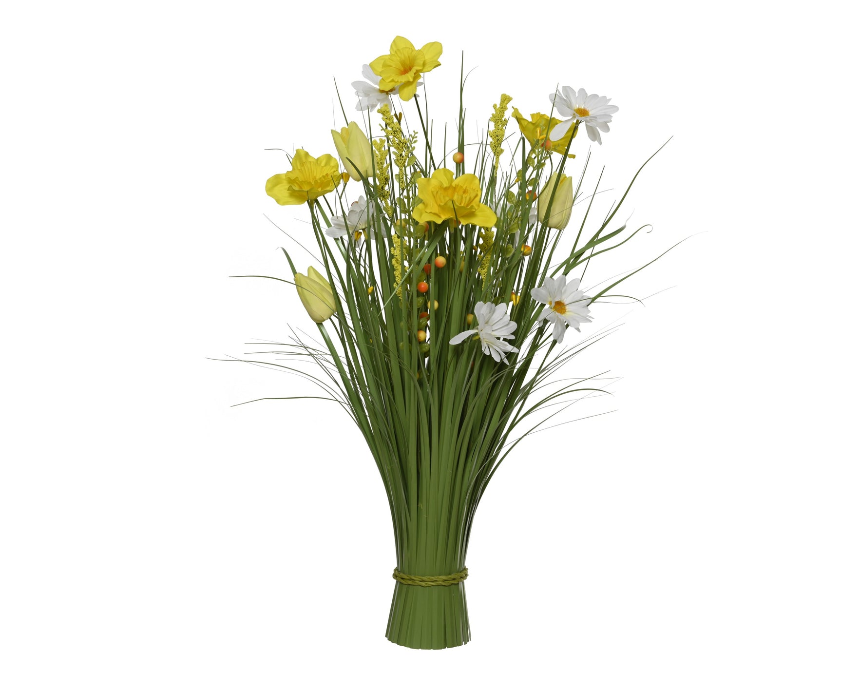Bosje siergras van groen met gele en witte bloemen, samengebonden