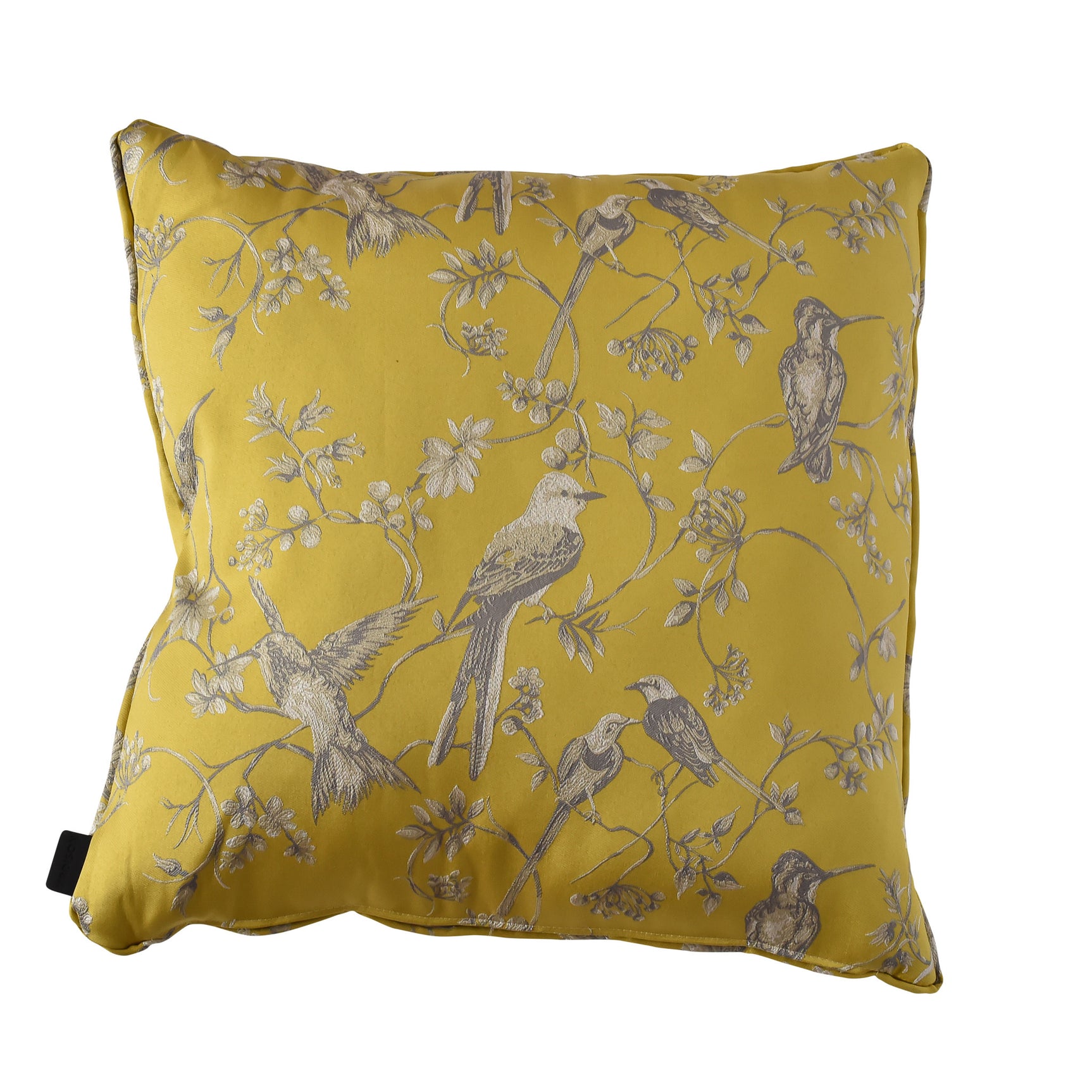 Geel kussen 60x60 cm met vogel- en bloemenprint, rechthoekig met kussensloop