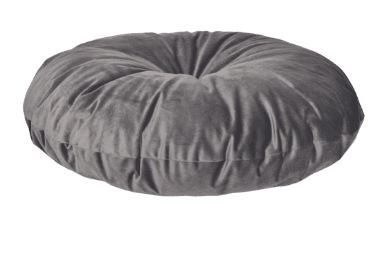 Rond grijs poefkussen met middenknoop, platte ronde vorm, Ø75 cm